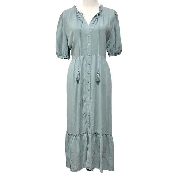 Lovestitch Dress Button Front Midi Blue Boho Linen Blend Puff Sleeves Sz Large - Picture 2 of 12